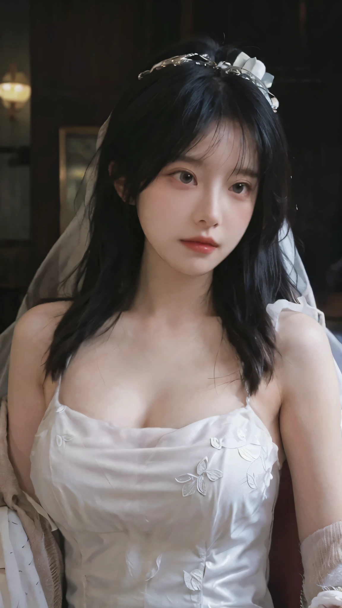 Portrait photography，1 girl，veil，Wedding dress，齐地Wedding dress裙，Wedding dress背景，（whole body：1.4），Exposed breasts，(Big breasts:1.4)，(Realistic and detailed eyes，Natural skin texture，Realistic facial details)，