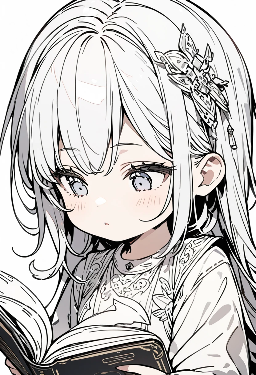 masterpiece, Best Quality, 4K, high resolution, ultra-detailed, High resolution, Ultra HD, sophisticated details, line art, thick lines, ((No background)), ((White background)), (((doodle))), chibi girl reading a book