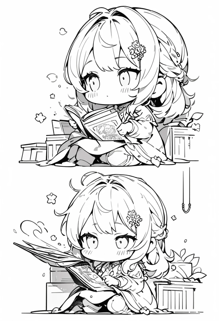 masterpiece, Best Quality, 4K, high resolution, ultra-detailed, High resolution, Ultra HD, sophisticated details, line art, thick lines, ((No background)), ((White background)), (((doodle))), chibi girl reading a book