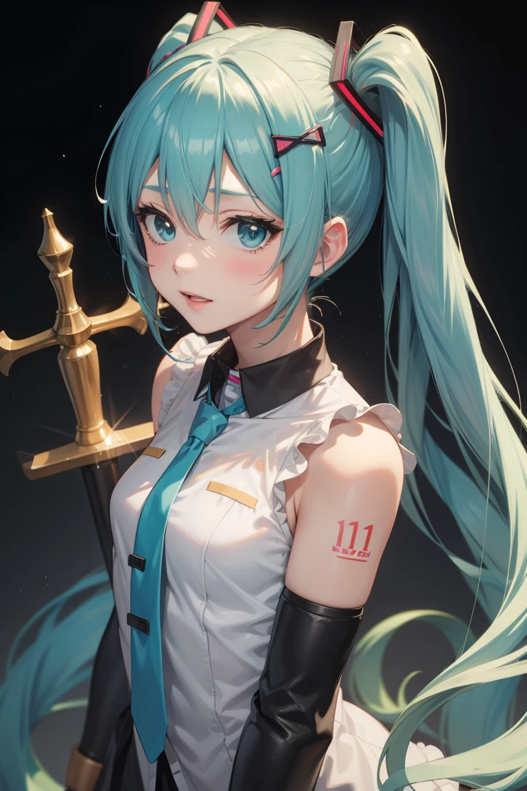 anime girl with a sword in her hand, an anime drawing by Shitao, pixiv, neoism, vocaloid, hatsune miku, anime goddess, hatsune miku portrait, miku, nightcore, portrait of hatsune miku, mikudayo, white cyan, digital art on pixiv, (anime girl), pixiv style, zerochan art,blonde hair, long hair with pony tail, hair ornament,