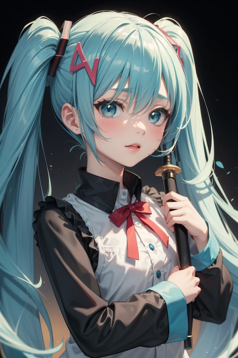 anime girl with a sword in her hand, an anime drawing by Shitao, pixiv, neoism, vocaloid, hatsune miku, anime goddess, hatsune miku portrait, miku, nightcore, portrait of hatsune miku, mikudayo, white cyan, digital art on pixiv, (anime girl), pixiv style, zerochan art,blonde hair, long hair with pony tail, hair ornament,