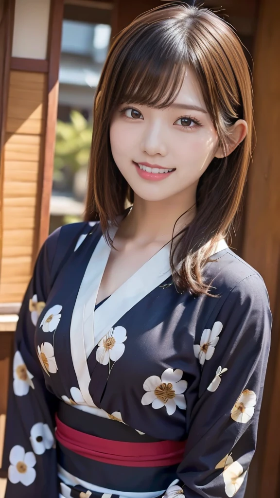 One girl, yukata, 20-year-old Japanese, beautiful, cute face, pretty face, neat, smiling, 8-head body, height 165cm, weight 48kg, bust 83cm, waist 60cm, hips 82cm, selfie