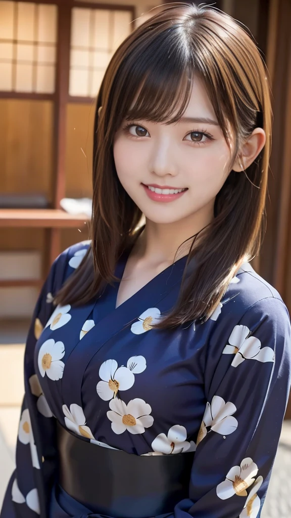 High resolution、high quality、Detailed face、Beautiful Face、cute、Young Face、Young face、Beautiful scenery in Japan、yukata、An innocent smile、whole body、Summer festival、stall、Nightclub