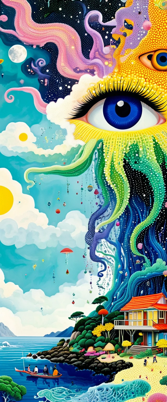 Strong visual fusion of multiple elements，Broto，来自Star的艺术家，house：1.37、Eye、Star、cloud、Spore powder、Ocean、rain、Tentacles，Describing the inner world of autistic people，密集Pointillism method。Smooth lines。interesting，Strange illustration。Pointillism method。Strong contrast。Award-winning works。