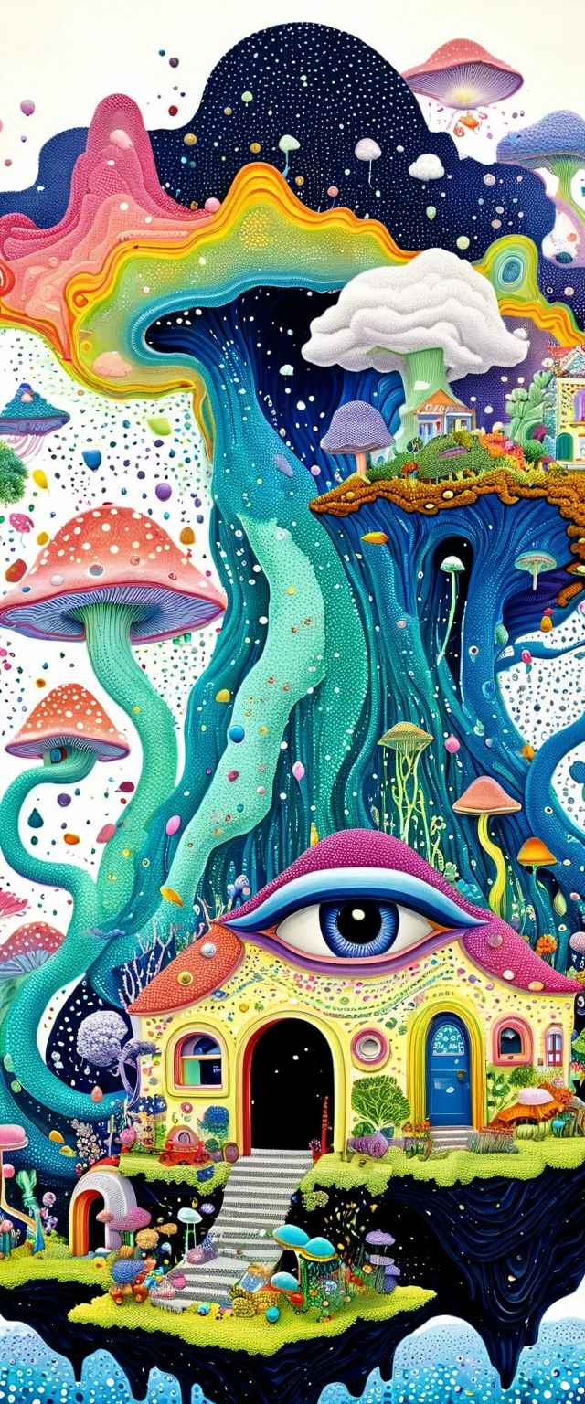 Strong visual fusion of multiple elements,Broto,来自Star的艺术家,house:1.37、Eye、Star、cloud、Spore powder、Ocean、rain、Tentacles,Describing the inner world of autistic people,密集Pointillism method。Smooth lines。interesting,Strange illustration。Pointillism method。Strong contrast。Award-winning works。