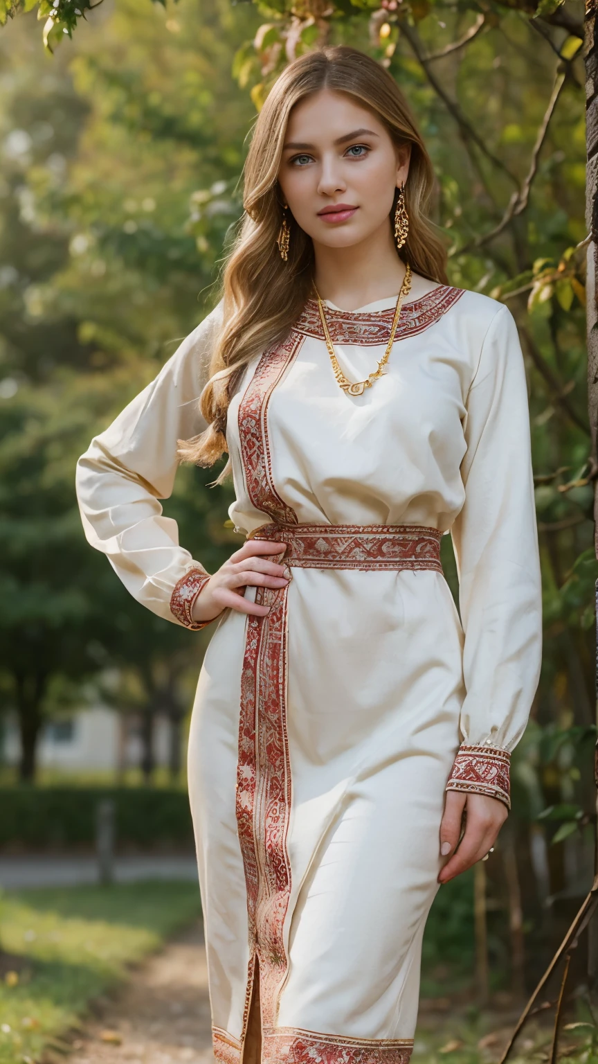 Standing by the golden apple tree, in garden ,Daughter of a Russian noblewoman during the reign of Catherine II, Front view , looking at viewer, Russian girl, 18 age old, (Blond hair, middle hair , wince, Gray eyes, beautiful lip, serious), (gold crescent earrings, gold neckless), (big breasts, slender whist, wide hip) ,(wearing traditional ethnic clothing, including a white and red Sarafan and kokoshnik), textured skin , HI detailed skin, (foreshortening, Canon, 8K, anatomically correct, super detail, high details, highness,