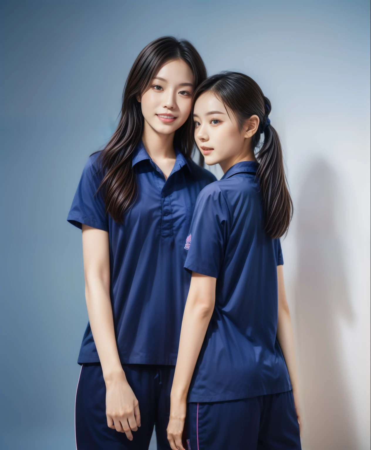 (best quality,10,10,height,Masterpiece:1.2),Special details,(realistic,ภาพrealistic,Realistic photos:1.37),1 Cute girl in the kitchen,shiny, ผิวshiny,only,smile softly,BDclothelue shirt:1.3)),short sleeve,shirt, กางเกงขาlong.,(navy_long_track pants:1.1), ((Kitchen Background)),Dynamic angle,excited,Face focus,dynamic poses,from behind,focus on ass,Masterpiece, best quality, ultra realistic, hyper detail, 8k resolution, raw photos, Sharp focus, ((Navy blue shirt:1.1)), short sleeve, เส้นทางlong, perfect body, 2 mature women, 18 years old, Cinema-grade lighting system,blue sweatpants,shirtผ้าออกกำลังกาย,correct ???????,perfect body, correct body, Sharp face, correct bodyทางกายวิภาค, full body, realistic gestures, long-haired, realistic poses,Wear long shorts...........................,ช่วงขาlong,Good shape,carved girl, Slender figure, model, Good shape, beautiful body,blue sweatpants, two girls kissing