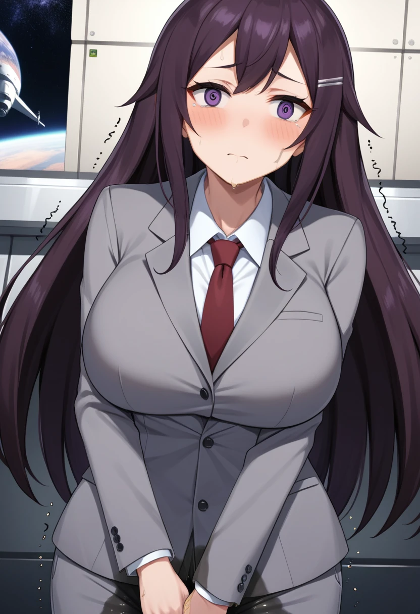 (high quality,Very detailed:1.37, High resolution), Woman, (mature:2.0), (Sakaki Yumiko:1.5), (very long hair:1.5), (straight hair:1.5) (dark purple hair:2.5), purple eyes, huge breasts, tuxedo, necktie, (pants:1.5), (wetting herself:2.0), standing, embarrassed, humiliation, (sanpaku eyes:1.5), (constricted pupils:1.5), (tiny pupils:1.5), (sweating:1.5), shaking, (trembling:1.5), (blushing:1.5), Meticulous details, (extremely detailed eyes:1.37), space station, interior, science fiction, futuristic