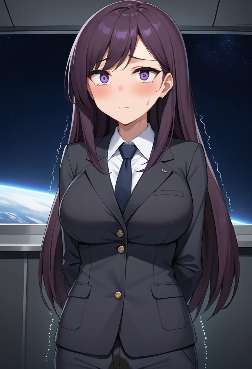 (high quality,Very detailed:1.37, High resolution), Woman, (mature:2.0), (Sakaki Yumiko:1.5), (very long hair:1.5), (straight hair:1.5) (dark purple hair:2.5), purple eyes, huge breasts, tuxedo, necktie, (pants:1.5), (wetting herself:2.0), standing, embarrassed, humiliation, (sanpaku eyes:1.5), (constricted pupils:1.5), (tiny pupils:1.5), (sweating:1.5), shaking, (trembling:1.5), (blushing:1.5), Meticulous details, (extremely detailed eyes:1.37), space station, interior, science fiction, futuristic
