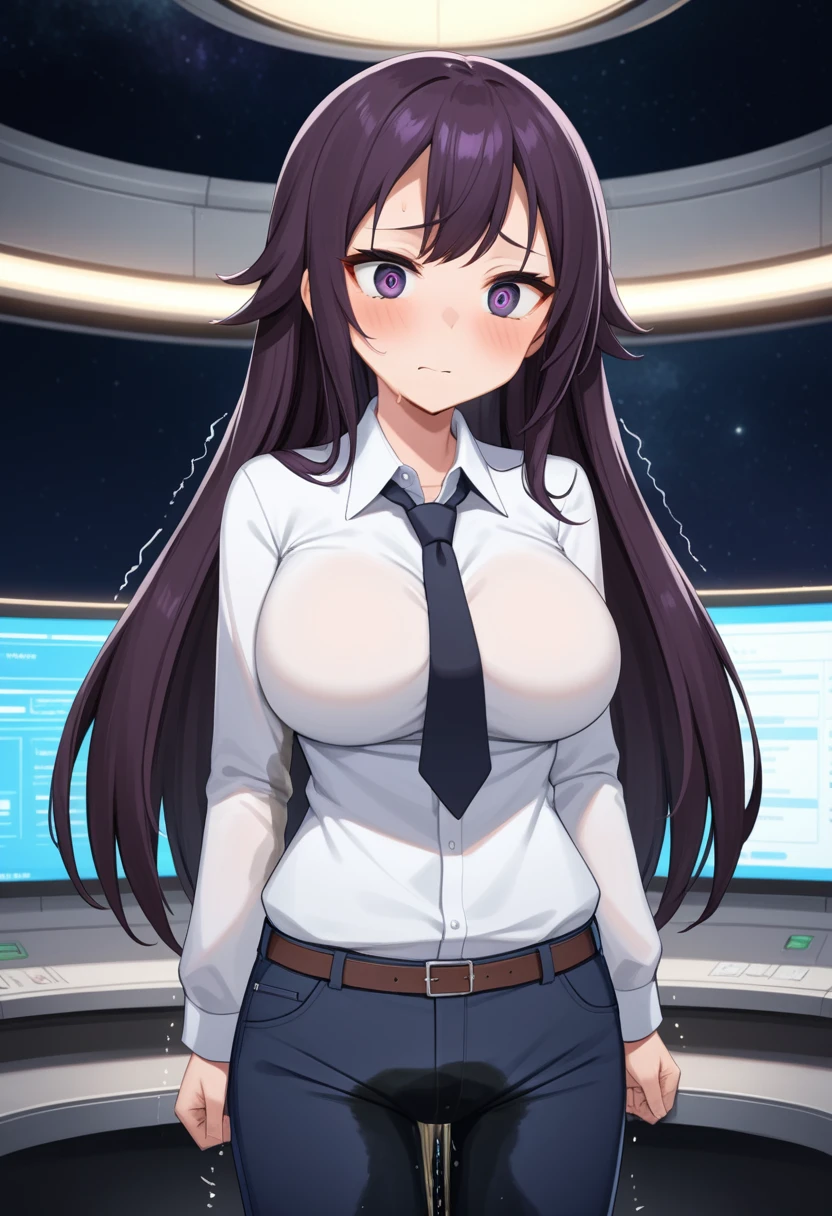 (high quality,Very detailed:1.37, High resolution), Woman, (mature:2.0), (Sakaki Yumiko:1.5), (very long hair:1.5), (straight hair:1.5) (dark purple hair:2.5), purple eyes, huge breasts, tuxedo, necktie, (pants:1.5), (wetting herself:2.0), standing, embarrassed, humiliation, (sanpaku eyes:1.5), (constricted pupils:1.5), (tiny pupils:1.5), (sweating:1.5), shaking, (trembling:1.5), (blushing:1.5), Meticulous details, (extremely detailed eyes:1.37), space station, interior, science fiction, futuristic