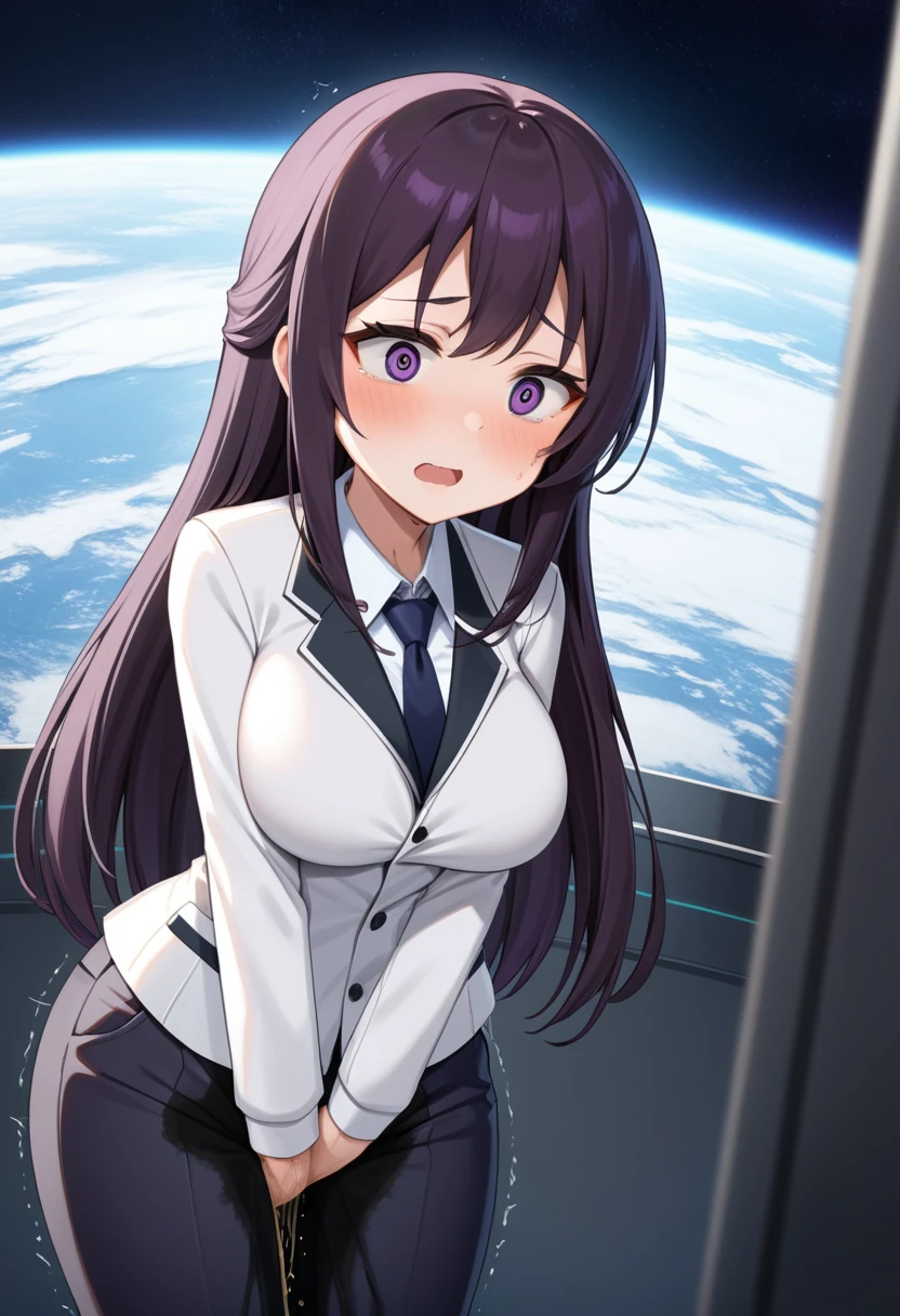 (high quality,Very detailed:1.37, High resolution), Woman, (mature:2.0), (Sakaki Yumiko:1.5), (very long hair:1.5), (straight hair:1.5) (dark purple hair:2.5), purple eyes, huge breasts, tuxedo, necktie, (pants:1.5), (wetting herself:2.0), standing, embarrassed, humiliation, (sanpaku eyes:1.5), (constricted pupils:1.5), (tiny pupils:1.5), (sweating:1.5), shaking, (trembling:1.5), (blushing:1.5), Meticulous details, (extremely detailed eyes:1.37), space station, interior, science fiction, futuristic