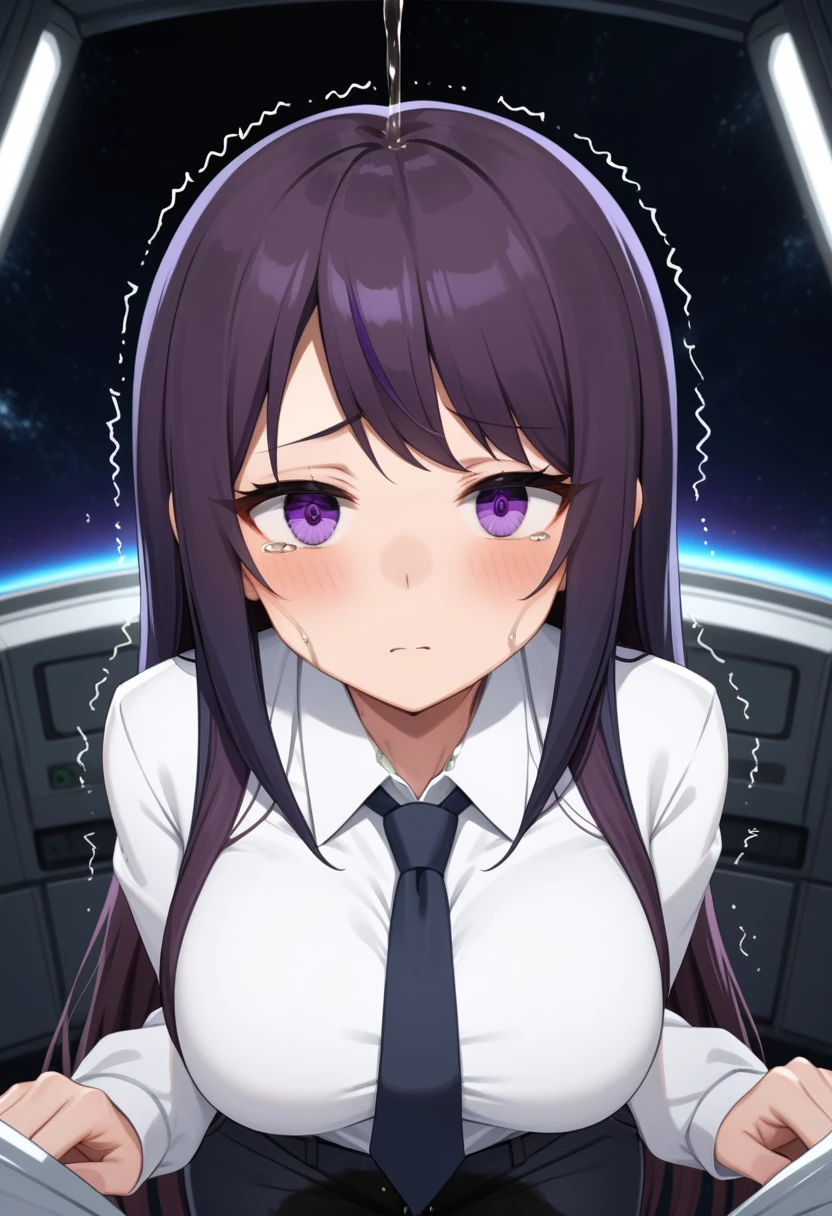 (high quality,Very detailed:1.37, High resolution), Woman, (mature:2.0), (Sakaki Yumiko:1.5), (very long hair:1.5), (straight hair:1.5) (dark purple hair:2.5), purple eyes, huge breasts, tuxedo, necktie, (pants:1.5), (wetting herself:2.0), standing, embarrassed, humiliation, (sanpaku eyes:1.5), (constricted pupils:1.5), (tiny pupils:1.5), (sweating:1.5), shaking, (trembling:1.5), (blushing:1.5), Meticulous details, (extremely detailed eyes:1.37), space station, interior, science fiction, futuristic