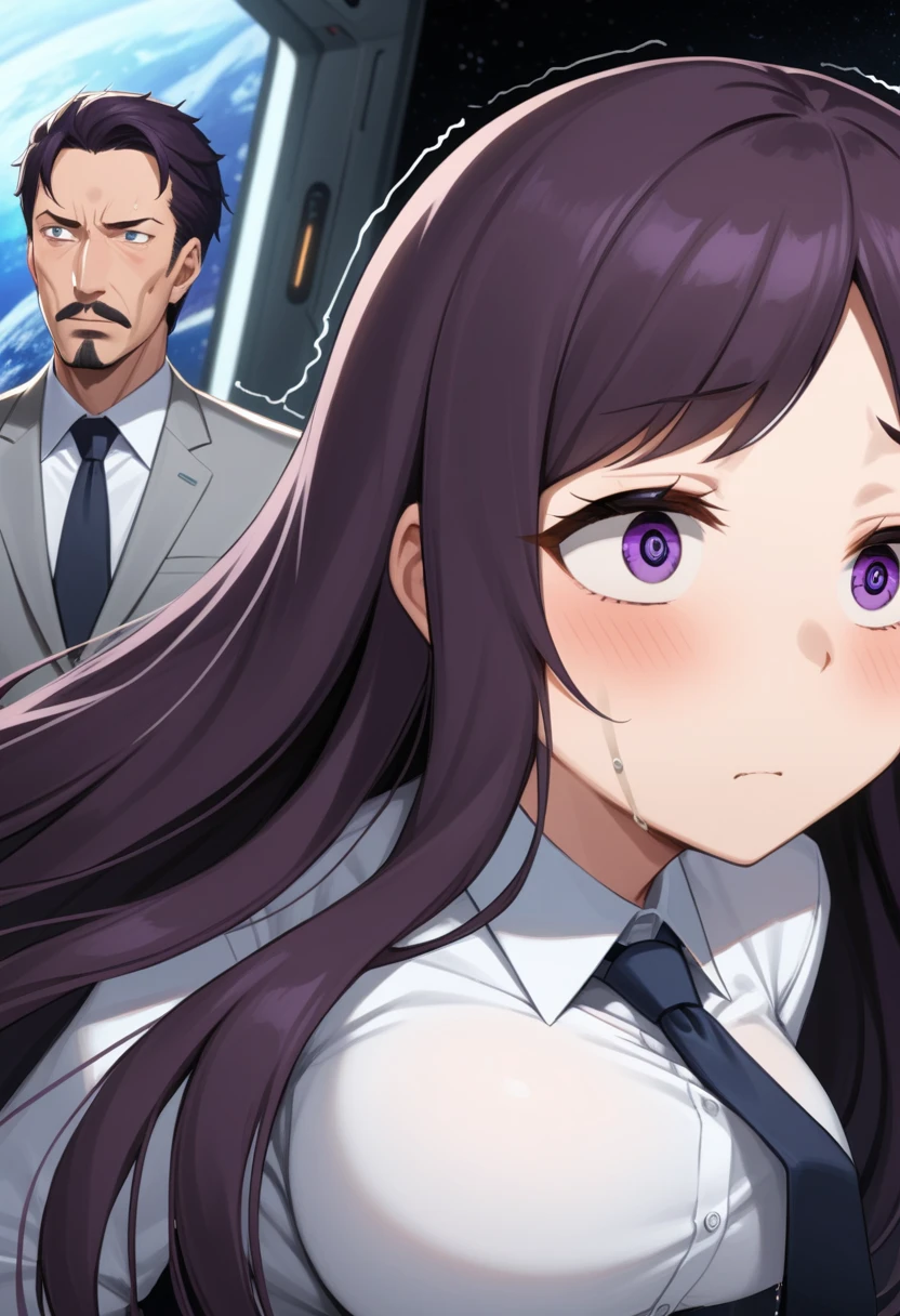 (high quality,Very detailed:1.37, High resolution), Woman, (mature:2.0), (Sakaki Yumiko:1.5), (very long hair:1.5), (straight hair:1.5) (dark purple hair:2.5), purple eyes, huge breasts, tuxedo, necktie, (pants:1.5), (wetting herself:2.0), standing, embarrassed, humiliation, (sanpaku eyes:1.5), (constricted pupils:1.5), (tiny pupils:1.5), (sweating:1.5), shaking, (trembling:1.5), (blushing:1.5), Meticulous details, (extremely detailed eyes:1.37), space station, interior, science fiction, futuristic