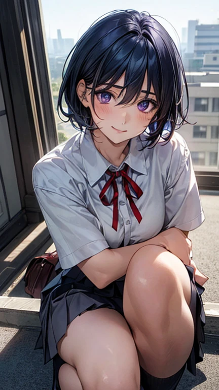 (masterpiece:1.2, Highest quality), (Realistic, photoRealistic:1.4), Beautiful illustrations, (Natural Side Lighting, Cinema Lighting), Browsing Caution,
View your viewers, shot, Front view:0.6, 1 girl, Japanese, high school girl, Perfect Face, Cute and symmetrical face, Glowing Skin,
(short hair:1.2, Shaggy Cut:1.2, Dark blue hair), Hair between the eyes, Purple eyes, Droopy eyes, Long eyelashes, (Large Breas,
Beautiful Hair, Beautiful Face, Beautiful attention to detail, Beautiful clavicle, Beautiful body, Beautiful breasts, Beathighs, Beautiful feet,
((Symmetrical clothing, White collared shirt, Light grey pleated skirt, Red neck ribbon)), Black socks,
(Beautiful views), morning, School rooftop, squat, (Cute smile, Upward glance),