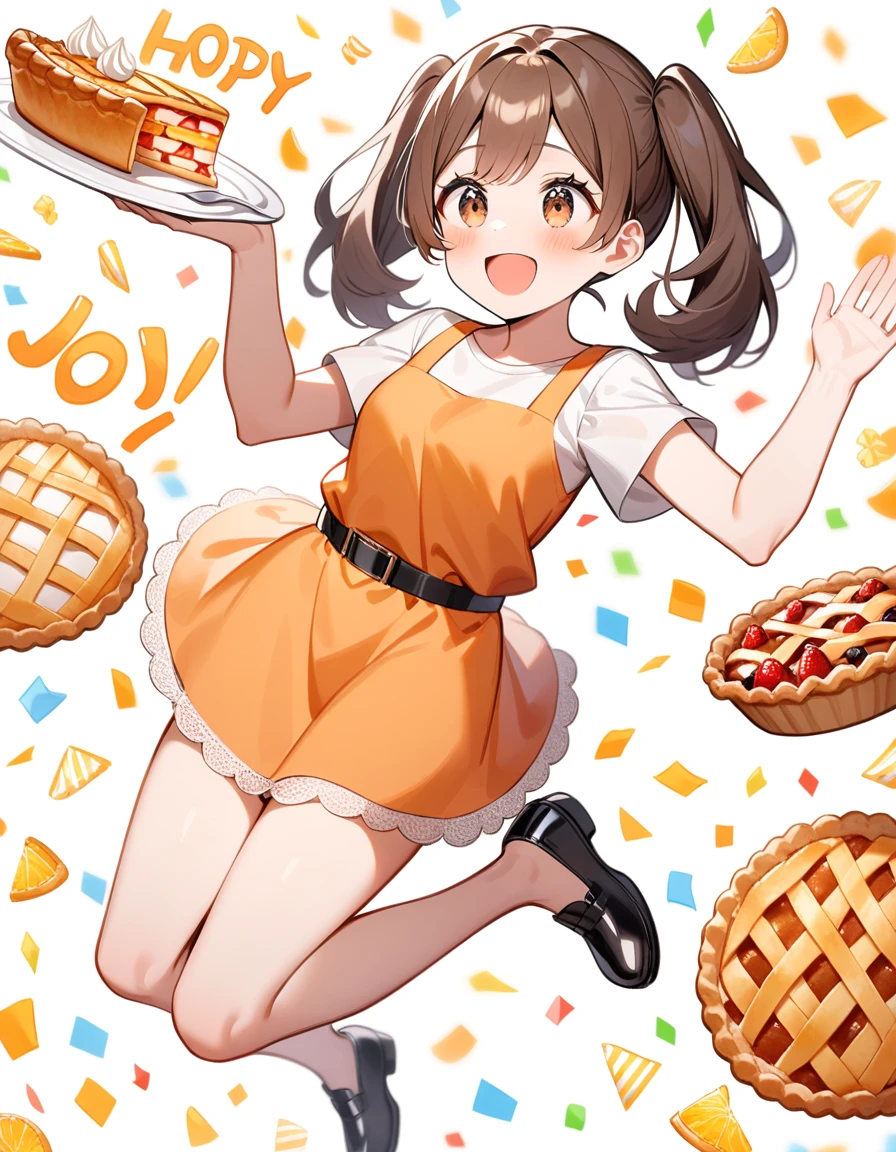 girl, Brown hair, two ponytails in hair, Brown eyes, White T-shirt, orange sundress, black shoes, Black Belt, Short skirt, white lace at the end of the skirt, White background, birthday, joy, pie,