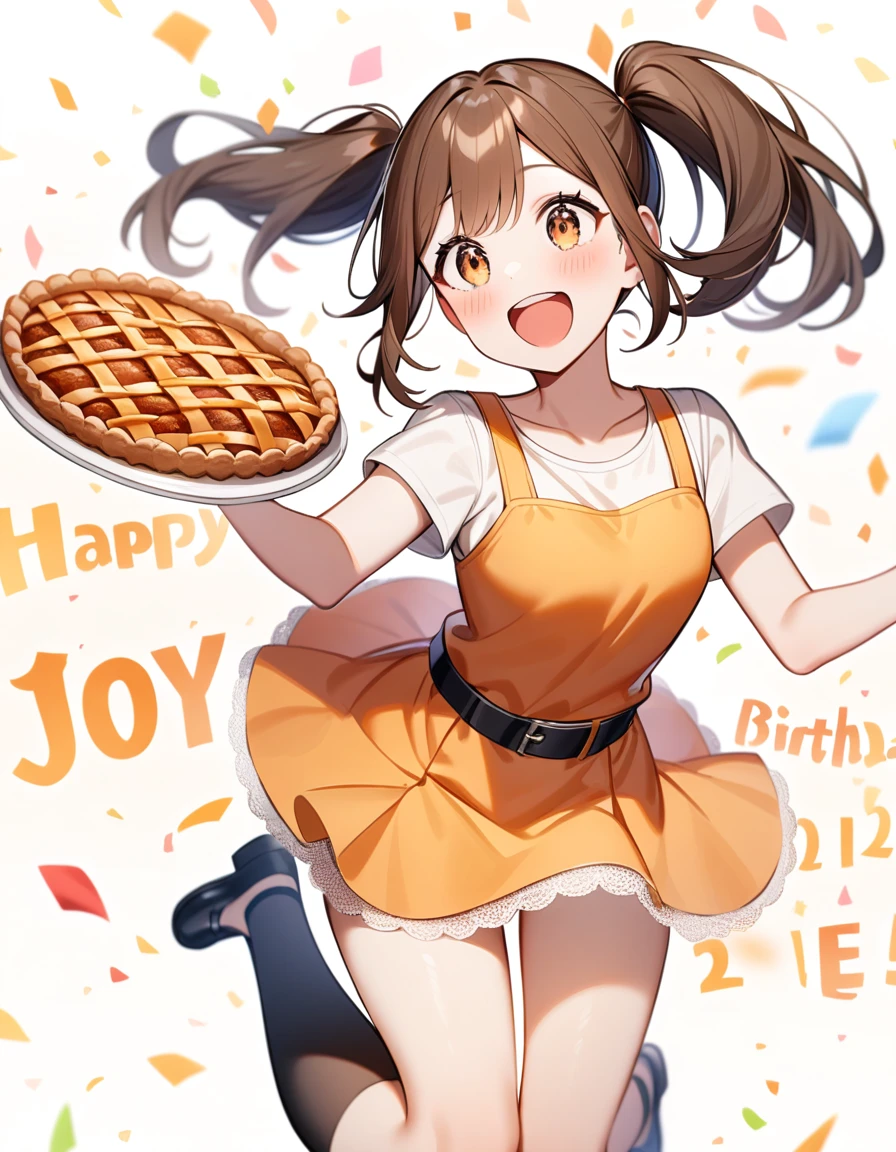 girl, Brown hair, two ponytails in hair, Brown eyes, White T-shirt, orange sundress, black shoes, Black Belt, Short skirt, white lace at the end of the skirt, White background, birthday, joy, pie,