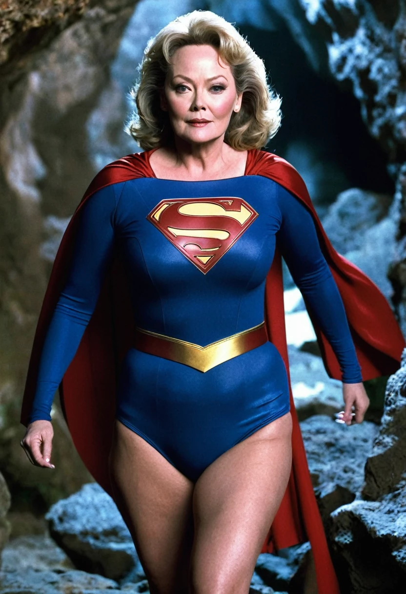 ancient cave; sexy Jean Smart 2024( big fat woman; powerful; trusting; higher) 2007 (((Woman defined body with big breasts, strong and firm; Supergirl 1984s costume dress))) as Supergirl(((Jean Smart's 1984 Supergirl Movie))); floating in mid - air.