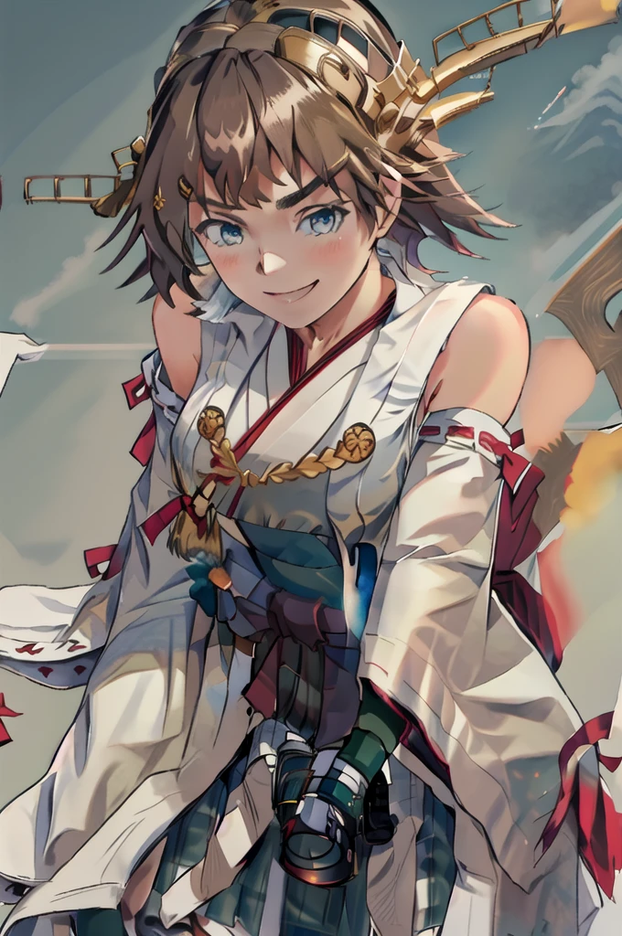 Highest quality, masterpiece, High resolution, alone, (Hiei Kai-2_Fleet Collection:1.15), オレンジ色hair, hairband, headgear, Non-traditional_Shrine maiden, smile, green_eye, Inverted up_hair, smile, One Girl, dependent_sleeve, green_skirt, Plaid, Plaid_skirt, ribbon-trimmed_sleeve, ribbon_trim, skirt, Office Background, Open your thighs wide to the left and right､Squats on the ground