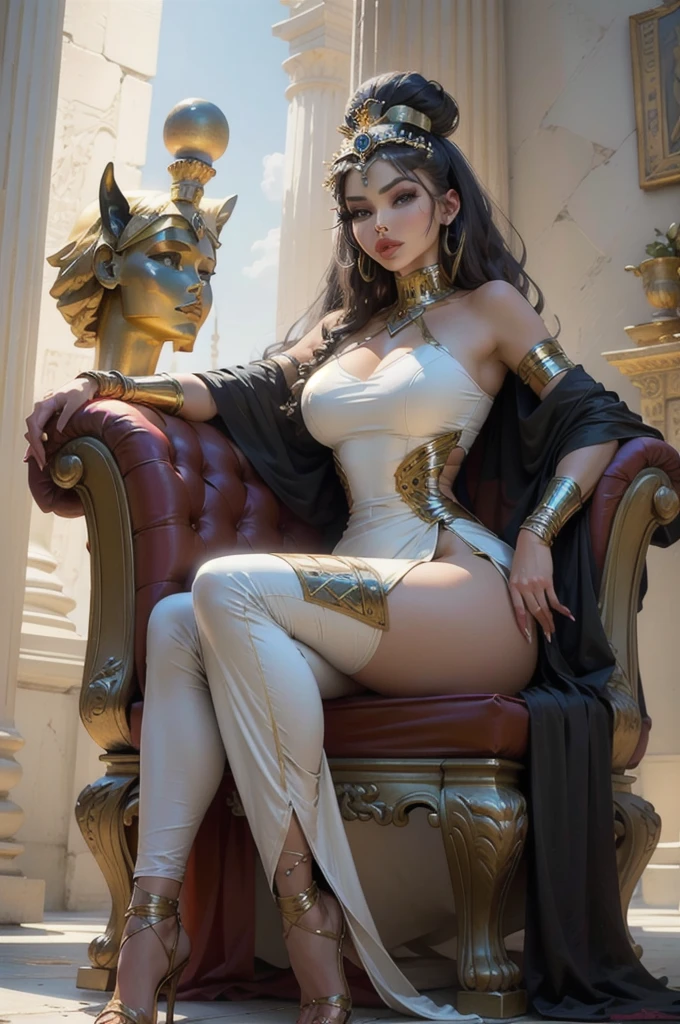 best quality, 8L, master part: 1.0)) RAWphoto, Photorealistic portrait of Queen Cleopatra sitting on the throne, Beautiful, olhos castanhos, [cabelos curtos | Dreadlock], traje inspirado em prostituta dos anos 300 AC, cinemactic, alto detalhamento, Visualmente deslumbrante, Egito Velho, natural appearance, Realistic, totalmente nua