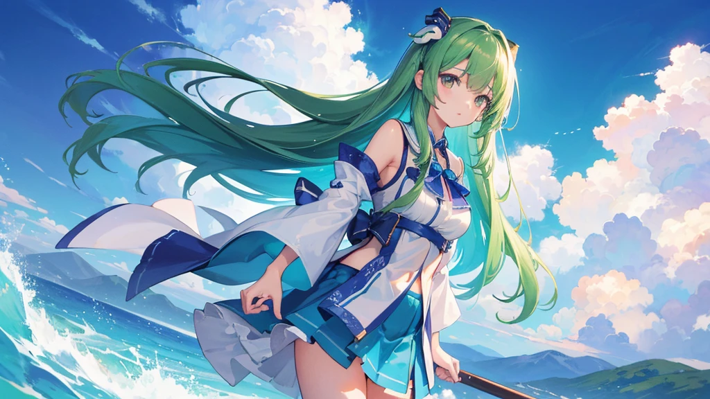 (Highest quality)　(4K)　(8k)　(High resolution)　(masterpiece:1.2)　(Super detailed)　One girl　Sanae Kochiya　White Background　Standing posture　Serious