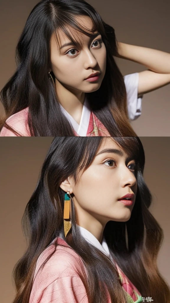 Cute Japanese woman, (), (Very cute face: 1.3), White moist skin, Looking at the camera, Melancholy expression,
BREAK,
Idol,
BREAK,
(Wearing cute kimono: 1.3), (Highly revealing kimono), Very large earrings, Short length,
BREAK,
(Fighting pose: 1.3),
BREAK,
(Long hair), (Pink hair: 1.2), (Wavy hair), (Gradient hair: 1.3), (Red hair at the ends),
BREAK,
(Realistic: 1.3), Masterpiece, Perfect lighting, (Ultra-high resolution), (8K), (Very detailed: 1.4), (From the front), (Full body: 1.4), (Symmetrical: 1.2),
BREAK,
(Shibuya city in Japan: 1.2),
BREAK,
(Demon Slayer: 1.4),
BREAK,
(Kasumi Arimura: 1.4),