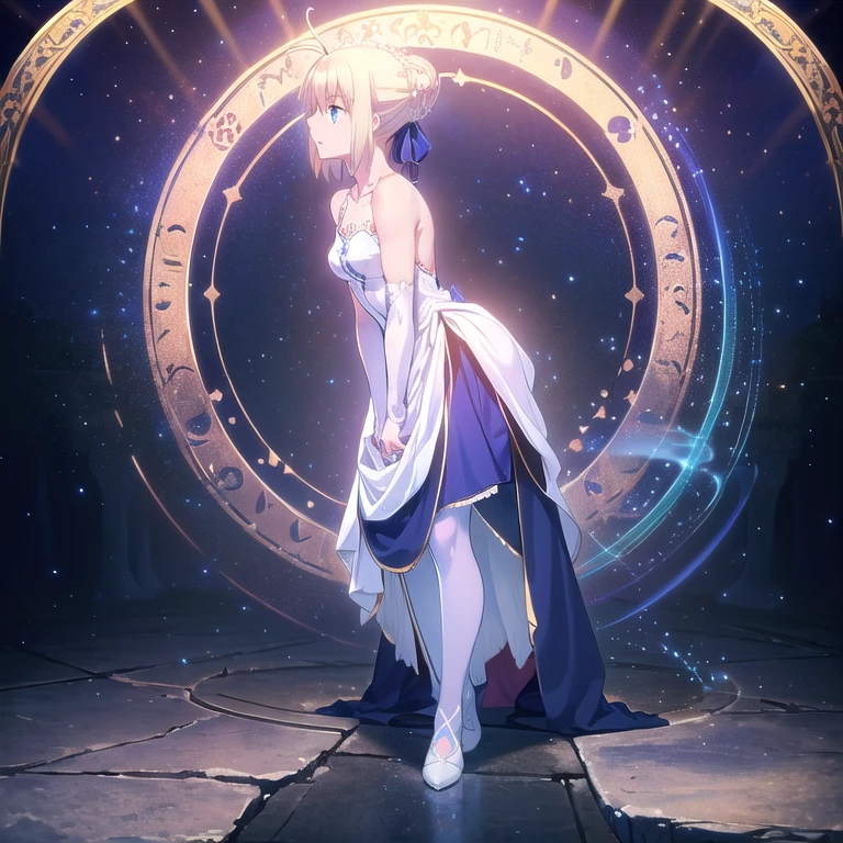 artoria pendragon saber (blue eyes:1.7), ((blonde hair in a bun), (small-sized breast:1.2), imprisoned in a dark temple by red magical lines, tied by red magicall lines, BREAK collarbone, very ((low-cut white summer dress)), bare arms, bare shoulders, ((white stockings)), BREAK looking at viewer, BREAK in a dark temple under a magic circle, bound by magic, standing and bent over, BREAK (masterpiece:1.2), best quality, high resolution, unity 8k wallpaper, (illustration:0.8), (beautiful detailed eyes:1.6), extremely detailed face, perfect lighting, extremely detailed CG, (perfect hands, perfect anatomy), ((semi-profile view)), full body shot