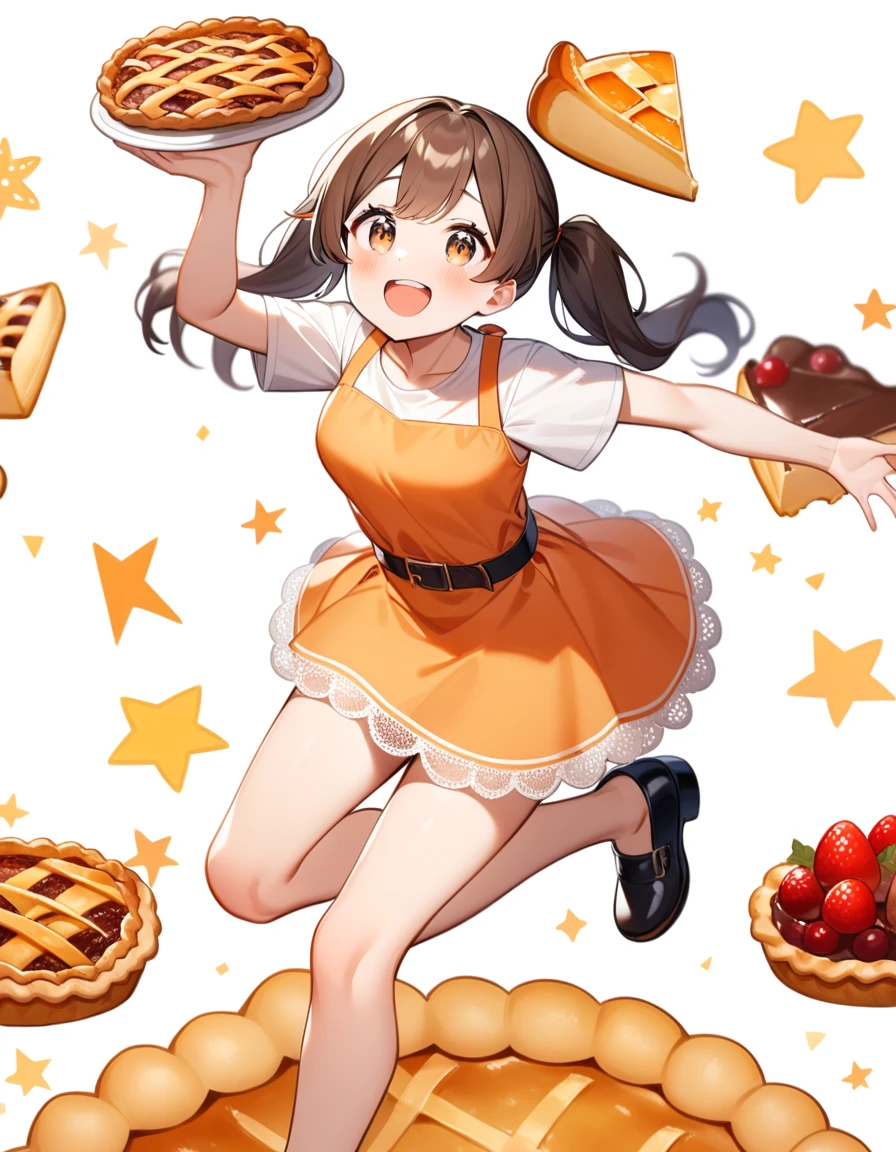 girl, Brown hair, two ponytails in hair, Brown eyes, White T-shirt, orange sundress, black shoes, Black Belt, Short skirt, white lace at the end of the skirt, White background, holiday, joy, pie,