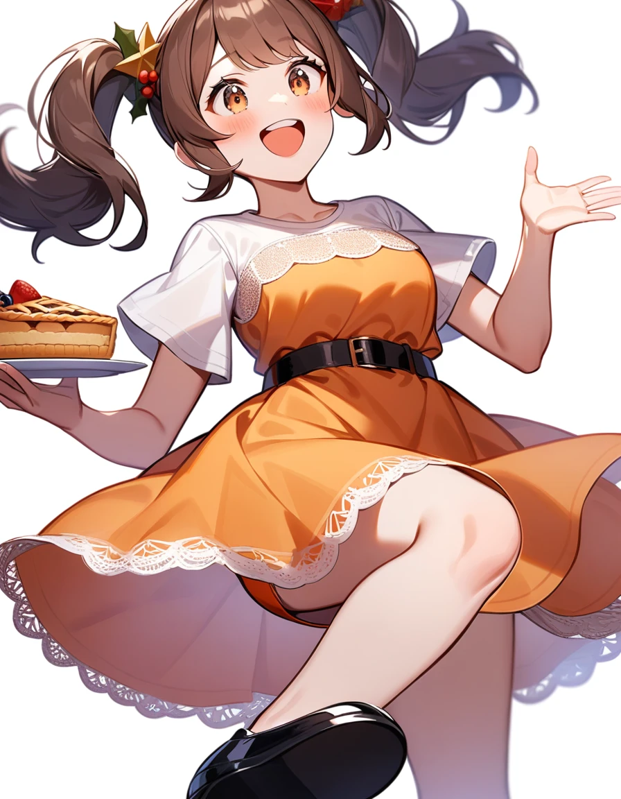girl, Brown hair, two ponytails in hair, Brown eyes, White T-shirt, orange sundress, black shoes, Black Belt, Short skirt, white lace at the end of the skirt, White background, holiday, joy, pie,