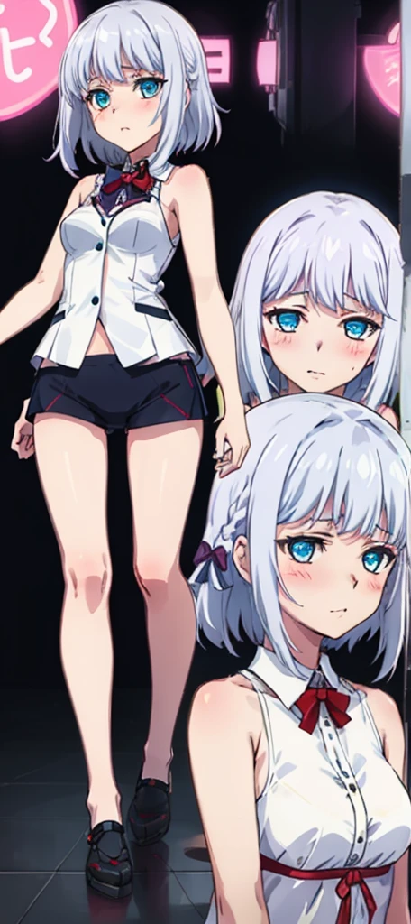 Anime style,masterpiece, high quality, 最high quality, ((Character design sheet, )),One woman,Slender figure,Small breasts,White tank top,White panties,Heart-shaped pupils,Gray Hair,Blue eyes