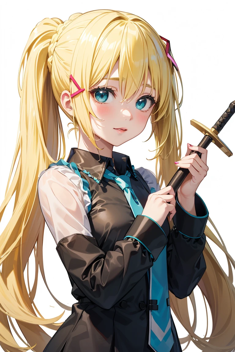 anime girl with a sword in her hand, an anime drawing by Shitao, pixiv, neoism, vocaloid, hatsune miku, anime goddess, hatsune miku portrait, miku, nightcore, portrait of hatsune miku, mikudayo, white cyan, digital art on pixiv, (anime girl), pixiv style, zerochan art, ((blonde hair, long hair with pony tail, hair ornament:1.5)),