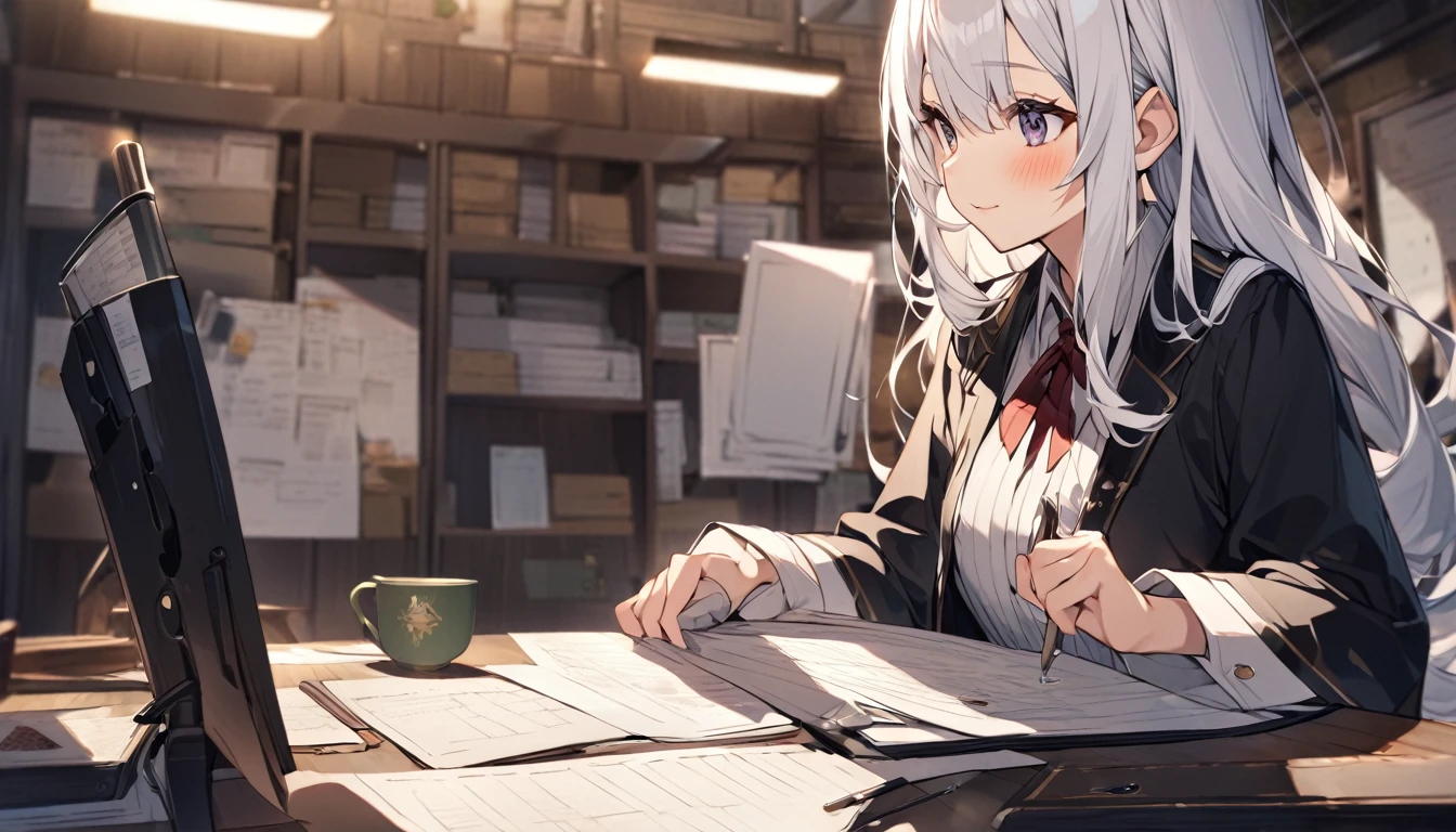 mysterious。White Hair Girl。Detailed Background。White Hair Girlが王や女王と面会するために豪華なホールに立っているシーン。Important tasks and reports。
