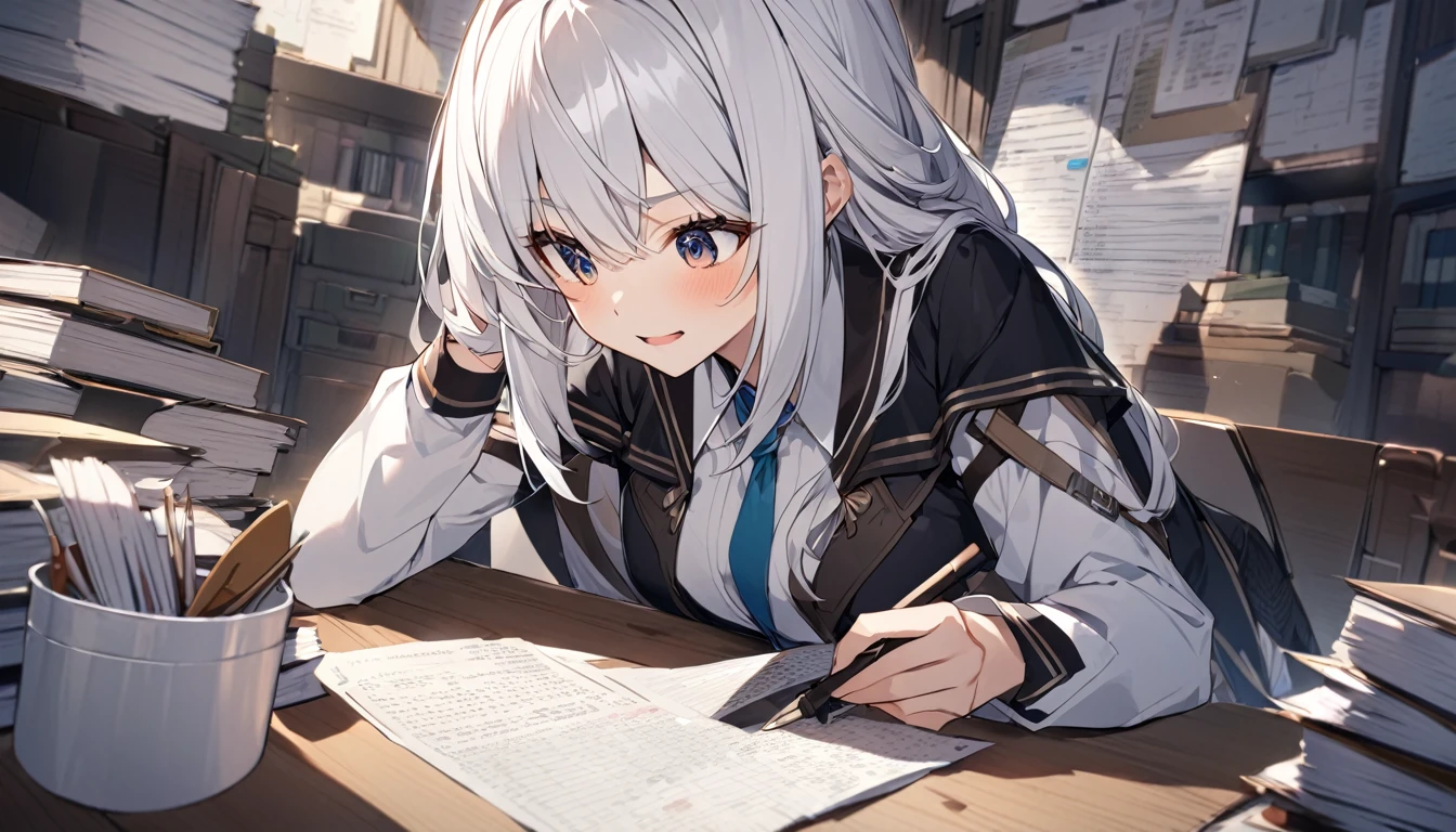 best quality, top quality, high quality, masterpiece, (warm colors, dim light), (1 girl, solo focus, cute girl), (cascading white hair, messy hair), highly detailed face and eyes, (orange eyes, amber eyes), (blue cap, blue coat, knee-length coat, black skirt, slightly open skirt, white panties) sitting, sitting at the counter, sitting at the table, (bureaucratic counter, papers lying on the table)