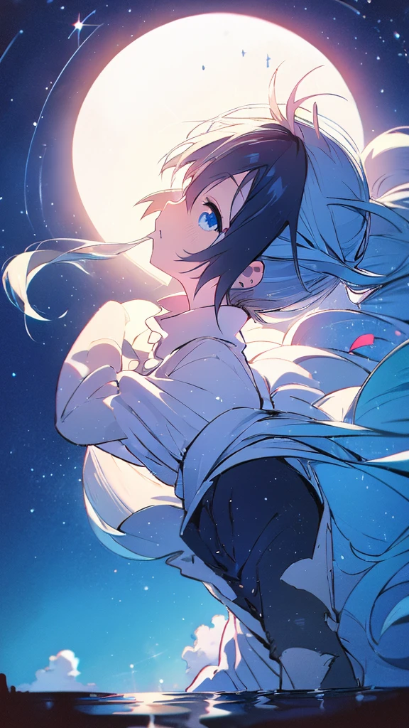 Seven-doppelganger shot,Anime style 4K,High quality anime art style,Standing painting,Splash ink background,Blue Themes、Pure white background,Buildings,Face close-up,Buildings,Moon and sun、Shining Star々,milky way,Bright Sky,Looking at me,Facing forward,Clear eyes and nose,cute,beautiful,Thin legs,sitting by the water, black hair, Blue eyes, girl, bob, front, cute,Blue Background,Long Hair,Whale flying in the blue sky,Buildings,whale,Black Hair,future,sunset