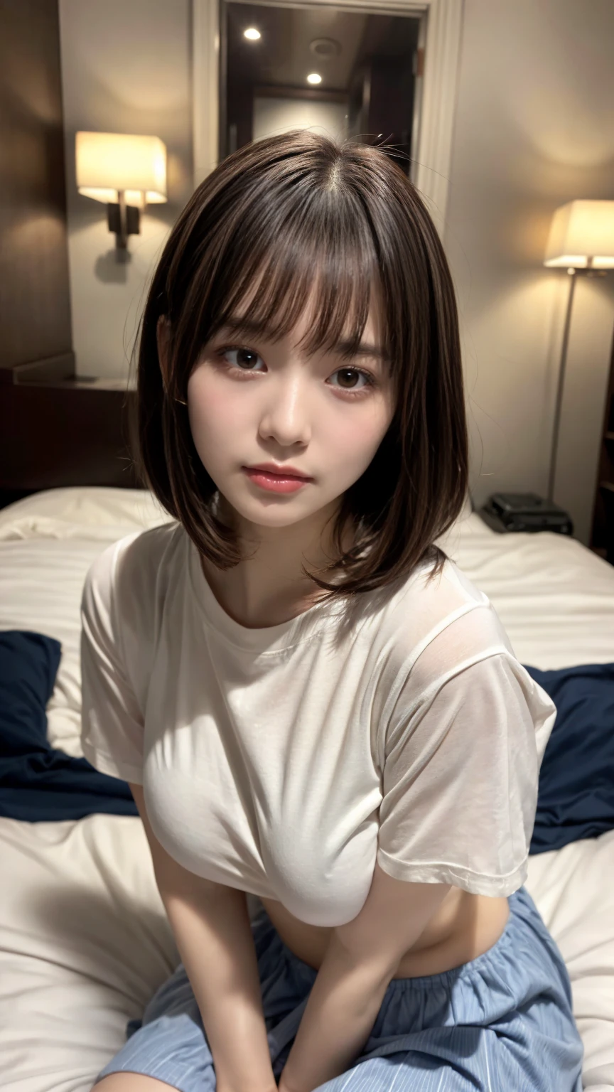 masterpiece, best quality, illustration, Super detailed, fine details, High resolution, 8K,wall paper, perfect dynamic composition,(Details High quality, realistic depiction of eyes:1.3), short bob hair, (Oversized_Shirt:1.2)、Oversized_Shirt, ((facing viewer)), hotel room, Layered Cut, black hair color, Big Natural Color Lip, sexy pose, crying a little、Harajuku style、20 year old girl、cute type、ta, hposing Gravure Idol, full body photo, huge breasts
