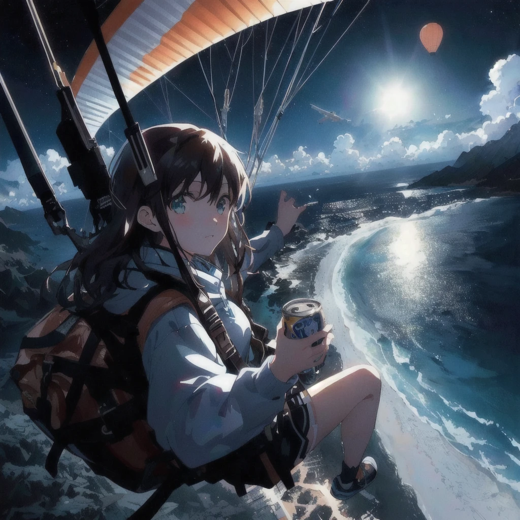 Anime girl flying over the sea with a paraglider and a backpack and a can of beer, 4KAnime Wallpaper, Anime Wallpaper 4k, Anime Wallpaper4k, ( ( Makoto Shinkai ) ), hd Anime Wallpaper, Anime Wallpaper, Makoto Shinkai!, Makoto Shinkai!!, Official artwork, makoto shinkai cyril rolando, 4K Manga Wallpapers, Anime Background