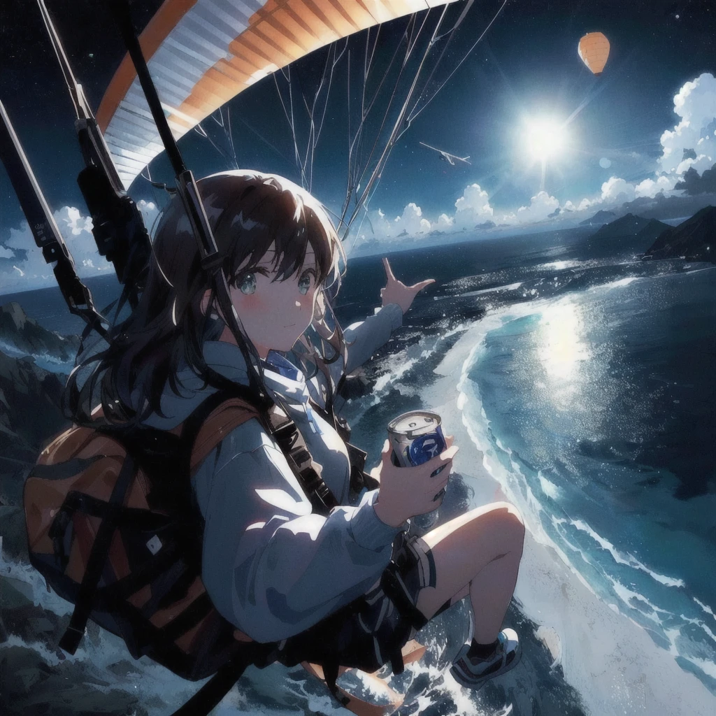 Anime girl flying over the sea with a paraglider and a backpack and a can of beer, 4KAnime Wallpaper, Anime Wallpaper 4k, Anime Wallpaper4k, ( ( Makoto Shinkai ) ), hd Anime Wallpaper, Anime Wallpaper, Makoto Shinkai!, Makoto Shinkai!!, Official artwork, makoto shinkai cyril rolando, 4K Manga Wallpapers, Anime Background