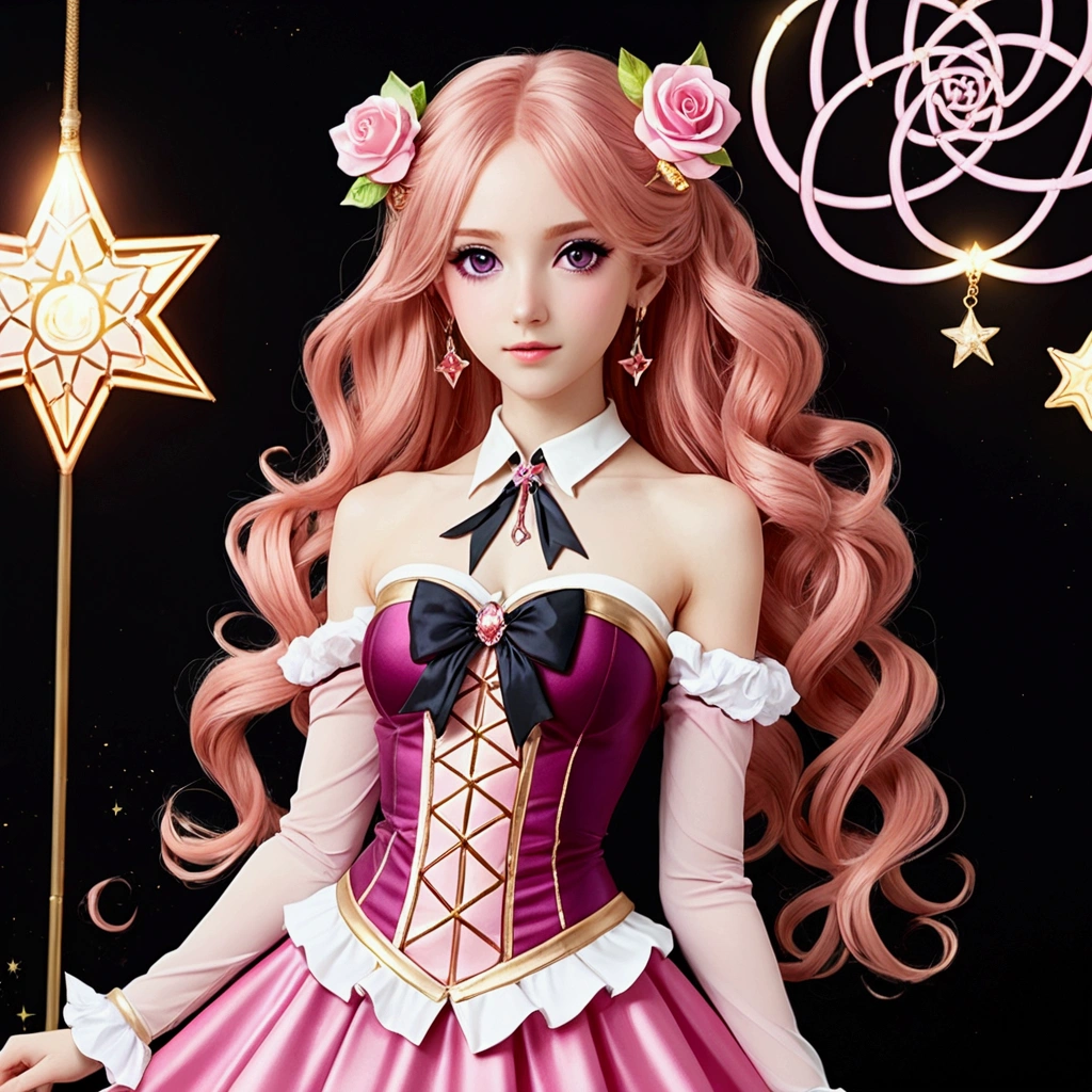 girl with (((deep magenta eyes and long, wavy pink hair))) ((styled in an elegant French braid)). (((She is slender, and , with small breasts))). Wearing a (((pink, gold, and rose gold color magical girl-themed outfit.))) The overall look is regal and ethereal, with magical glowing effects. cutesexy, , a hyperrealistic , hyperrealistic , realistic , seductive, smooth, beautiful alluring teen, ((magical girl)), (masterpiece), best quality, expressive eyes, perfect face ((Highest quality))、((8K))、(((8k wallpaper)))、ultra detailed, masterpiece, best quality, solo