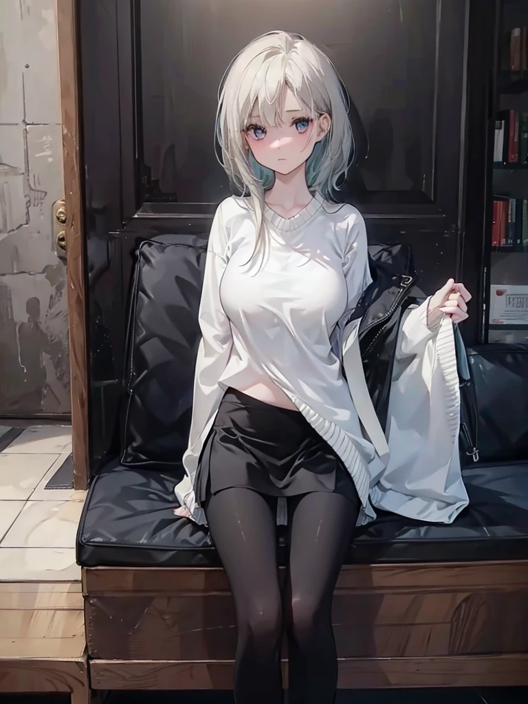 girl:1.3), Solitary, __body parts__ Delicate and realistic skin, Pale skin, Large target, Official Art, Unity 16K Wallpaper, Ultra Detailed, beauty, masterpiece, best quality, Awesome atmosphere, Calming color palette, A calm mood, Soft shadows, , charm，((Larger breasts))，，（(Black leggings)),sweater,blush，liquid，cute，Sportswear，Colorful，Short skirt