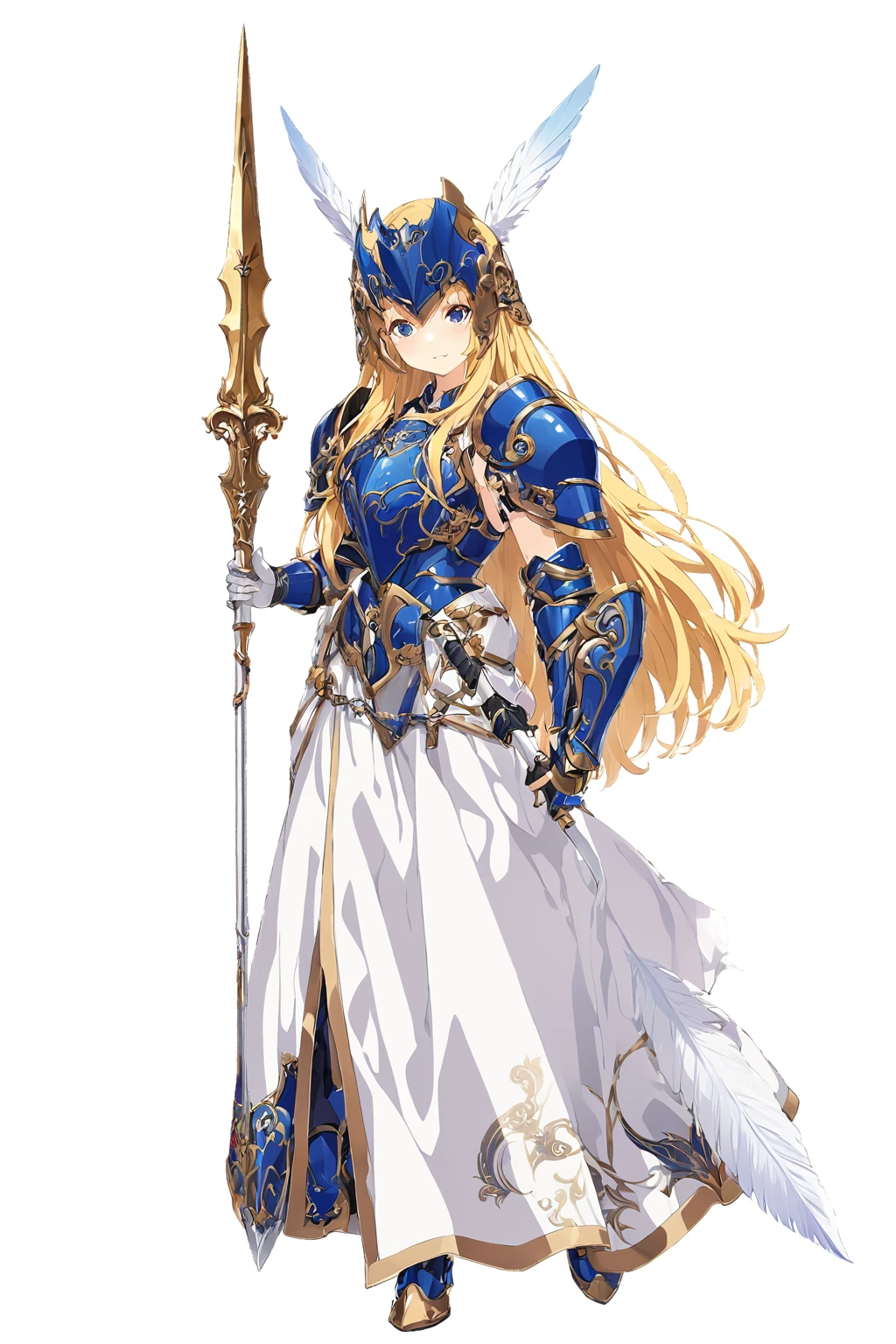 high quality, high resolution, high qualityのゲームアートスタイル, whole body,valkyrie,perfect hand,Official Art, Smooth game CG art, Visual Novel Sprites, White background,Smooth game CG art, (((Woman with a gun))),Woman wearing a white dress and blue armor, An intricately designed helmet with white feathers,Small shield, (((In his right hand he holds an elaborate spear))),Exquisite Blue Armor,Golden Hair, long hair, female knight, Rin々Shii,Large Bust,20-year-old,