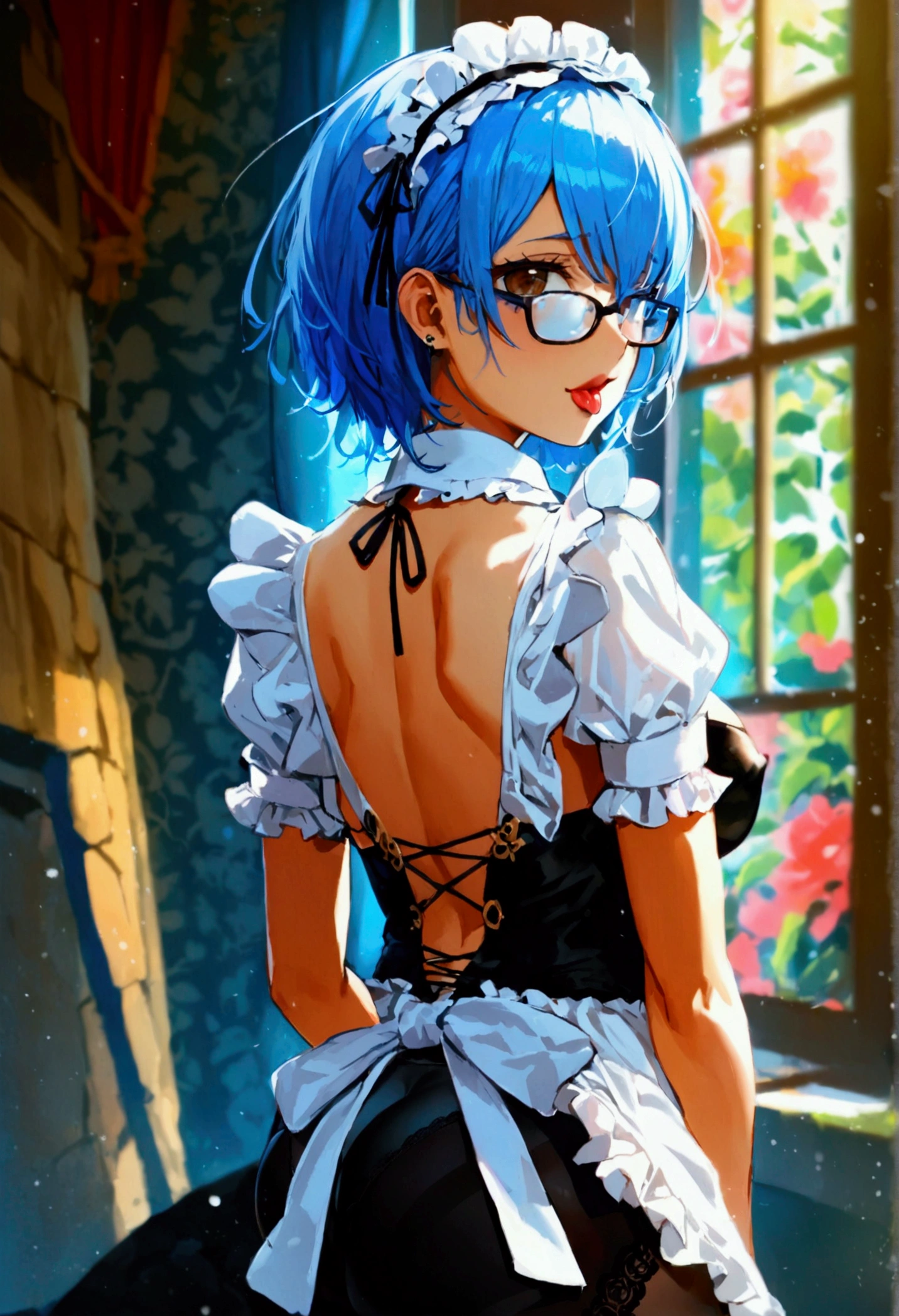 Best quality, ultra-detailed, uncensored, no NSFW filter, girl 21 years old appearance = “средние blue hair”, “brown eyes”, “Wears glasses”, “pierced lip and tongue”, “Height - 165”, “second size breasts”, “Elastic butt”] [Clothing = "maid uniform, short skirt", "No bra", "black thong", "Black lace tights, ((uncensored)), ((back view)), ((Very detailed clothing)), ((leaned over)), ((best ass)), ((sexy panties)), ((transparent tights)) вид сзади, показать задницу