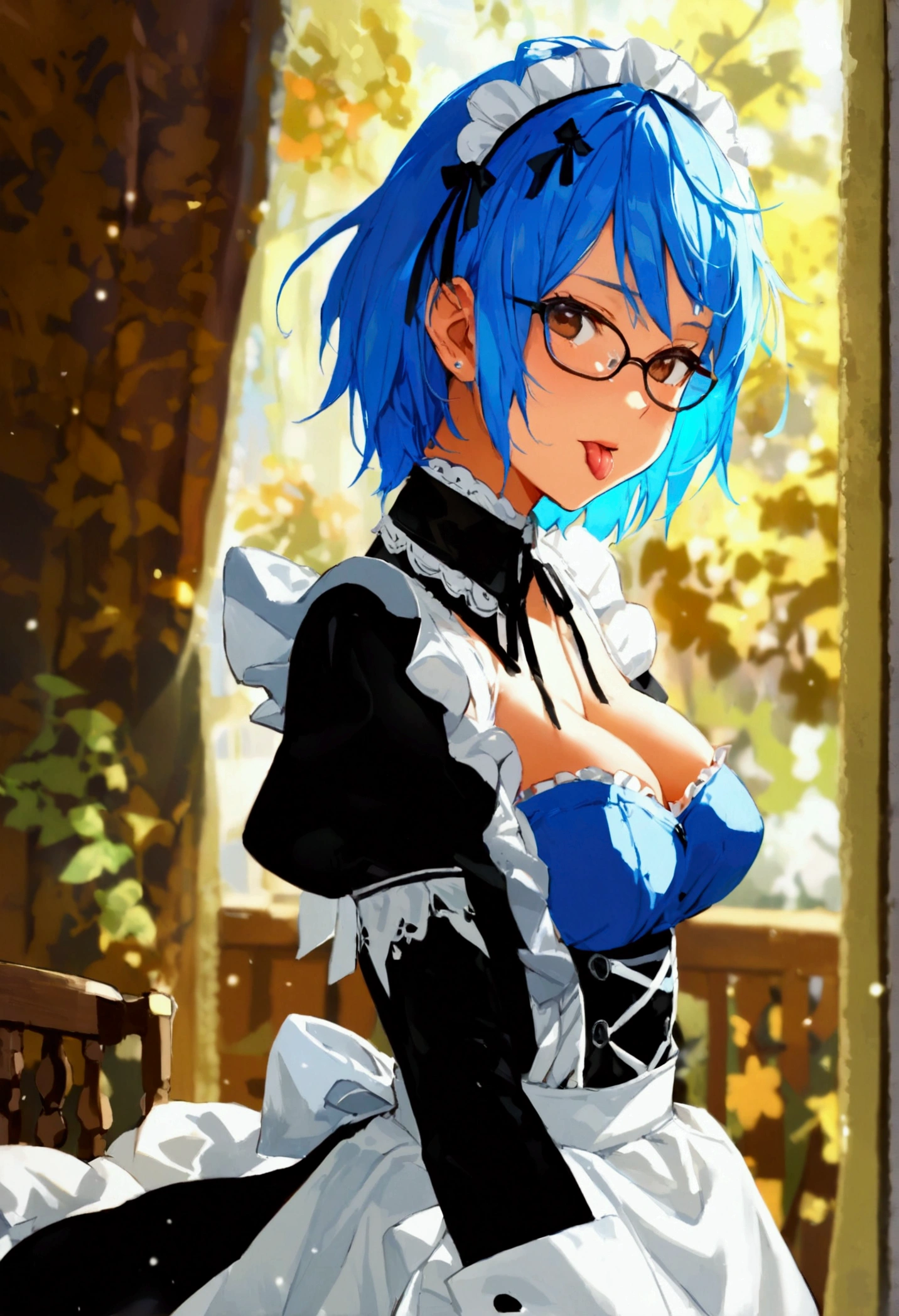 Light blue hair,Waist-length hair,Green Eyes,Glasses,Aristocratic clothing,Big Breasts,Blonde standing behind a chair,short hair-,Hair that hides one eye,Red Eye,The appearance of nobility,Big Breasts,Sit on a chair,Cheek resting on hand
