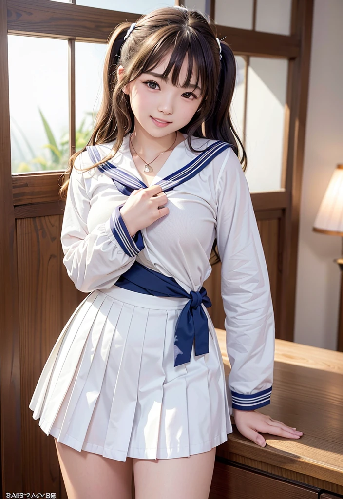 (Highest quality,masterpiece:1.3,Ultra-high resolution),(Very detailed、Caustics) (Realistic:1.4, RAW shooting、)Ultra-Realistic Capture、Very detailed、Natural skin texture、masterpiece、(Japanese girl wearing junior high school sailor uniform:1.3)、Adorable expression、Expressions of happiness、、Young Face、Amazingly cute、Twin tails、Curly Hair、Black Hair、Scrunchie、necklace、Bare arms、light makeup、小さい breasts、Shining Breasts、Shining thighs、Filmed in a private room at a sex shop、The scene when he entered the room、A pose that emphasizes the chest、smile、An inviting gaze、Full body photo、Anatomically correct、Attention to detail、