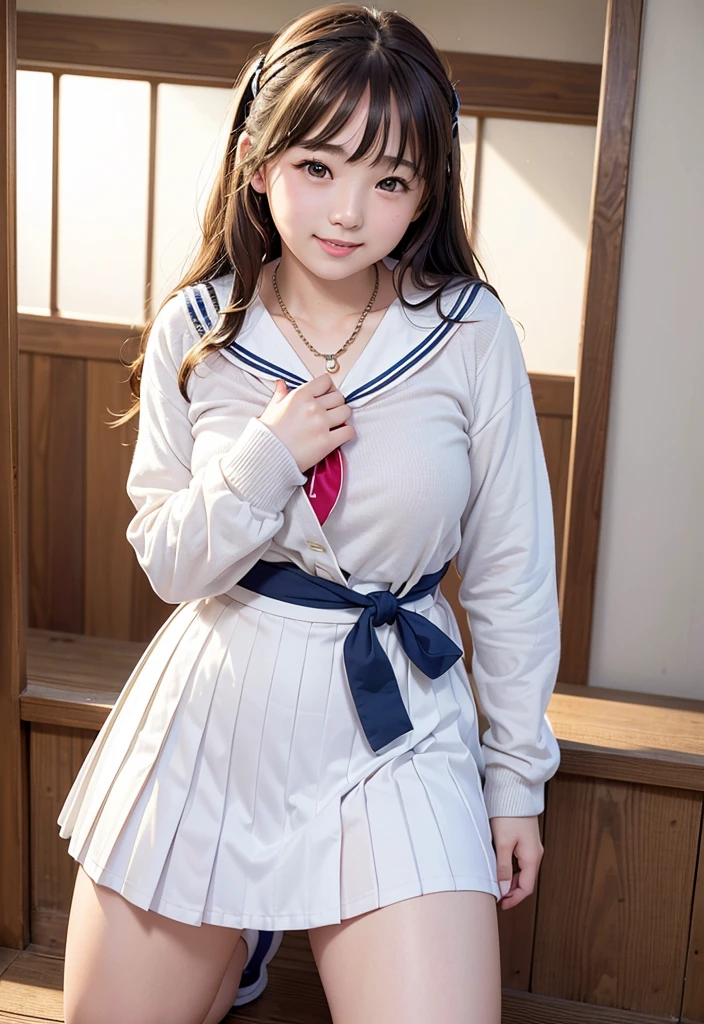 (Highest quality,masterpiece:1.3,Ultra-high resolution),(Very detailed、Caustics) (Realistic:1.4, RAW shooting、)Ultra-Realistic Capture、Very detailed、Natural skin texture、masterpiece、(Japanese girl wearing junior high school sailor uniform:1.3)、Adorable expression、Expressions of happiness、、Young Face、Amazingly cute、Twin tails、Curly Hair、Black Hair、Scrunchie、necklace、Bare arms、light makeup、小さい breasts、Shining Breasts、Shining thighs、Filmed in a private room at a sex shop、The scene when he entered the room、A pose that emphasizes the chest、smile、An inviting gaze、Full body photo、Anatomically correct、Attention to detail、