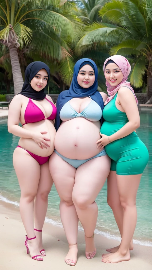 3beatiful women,pregnant, megang perut,smile , hijab ,pakistan ,thick body ,body curve,body thick,body sexy,body bbw,pake bikini motif bunga , kuning, biru ,ungu, merah ,silver ,pingk, ,sedang di pantai