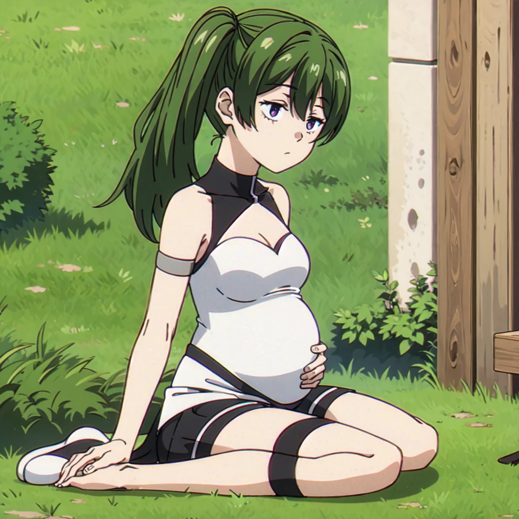(((Best quality))), ((Ultra-detailed)), ((illustration)), ((Disheveled hair)), ((frilld)), (1 girl),(Solo),Leaf underwear, Cloak of leaves, simplebackground, themoon, The breath of life, green color, grassy fields, The Giant Tree of Life, A breath of green life, Gentle and powerful divinity, Wife-like feeling, Poor milk, 5 months pregnant, pregnant women with,wedding,wedding_dress,bride,veil, 
full body, purple eyes,green hair,Right side ponytail,
