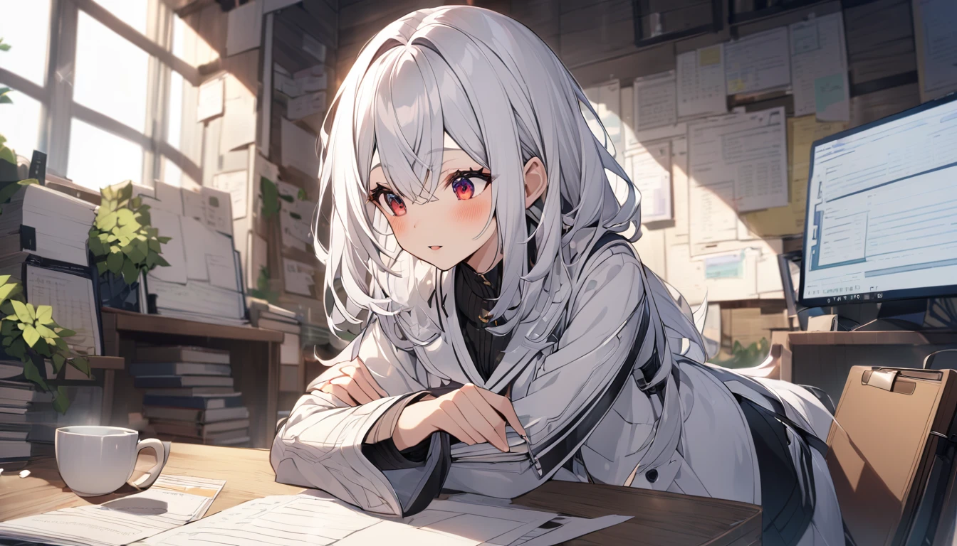 mysterious。White Hair Girl。Detailed Background。White Hair Girlが王や女王と面会するために豪華なホールに立っているシーン。Important tasks and reports。