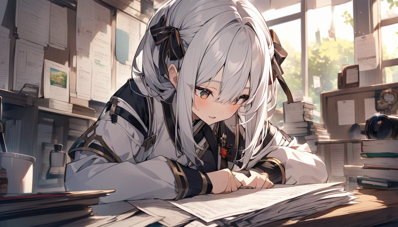 mysterious。White Hair Girl。Detailed Background。White Hair Girlが王や女王と面会するために豪華なホールに立っているシーン。Important tasks and reports。