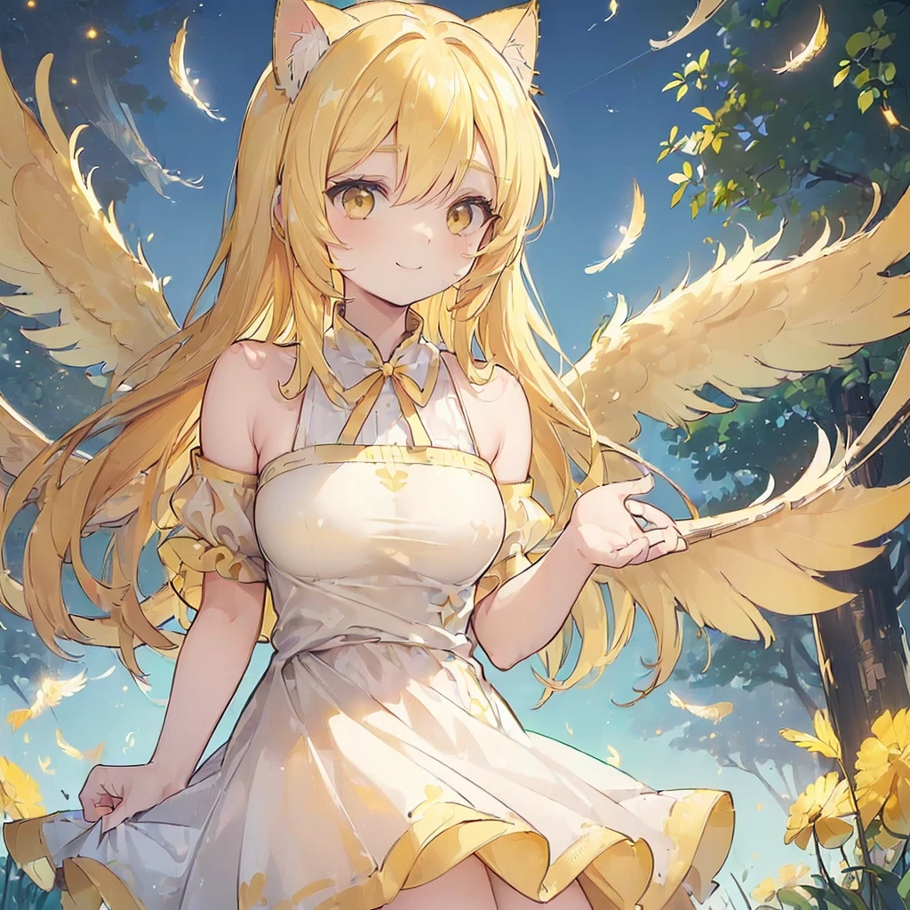 masterpiece), best quality, expressive eyes, perfect face,
((One cat-eared angel)), goddess-like atmosphere, (the screen is filled with tiny glowing objects like fireflies:1.2),standing, (full body1.4), (wideshot:1.3), (longshot:1.3),
22 years old, (medium sized breasts:1.2),
(golden theme),
BREAK
(brown eyes:1.4), (look at the vewer:1.3), (smile with downward drooping corners of eyes:1.3), (gentle smile:1.3),
BREAK
(light yellow cat ears:1.4), (inside the cat ears is paw-colored),
BREAK
light yellow hair, long hair, (two-side-up-hair under the cat ears:1.8),
BREAK
(a pair of wings on the upper body:2.0), (wide spread large wings:2.0), (shining golden feathered wings:2.0),
BREAK
(dress made entirely of yellow:1.8), off-shoulder, short sleeves, (tied with string at waist), (lots of gathers from waist down:1.4), (dress is midi-long:1.4),
BREAK
wide shot, daytime, (wide and green grassland in the background:1.6), (white flowers on grassland:1.3), (clear, wide, blue sky:1.5)
