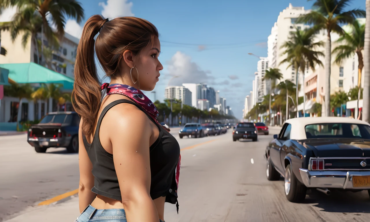 luciagta62024,1 angry woman walking away on busy Miami street, looking back, black tank top, jean shorts,  brown hair, ponytail, bandana around neck,  8k, uhd, best quality, trending on arstation, photorealistic, masterpiece, raw image, skin pores, detailed skin, 5 fingers, mole, Latina, Miami boardwalk, dramatic lighting, sneakers, cars, lowriders, palm trees, side view,looking at viewer, vibrant color, traffic, long ponytail,  luciagta6sdxl