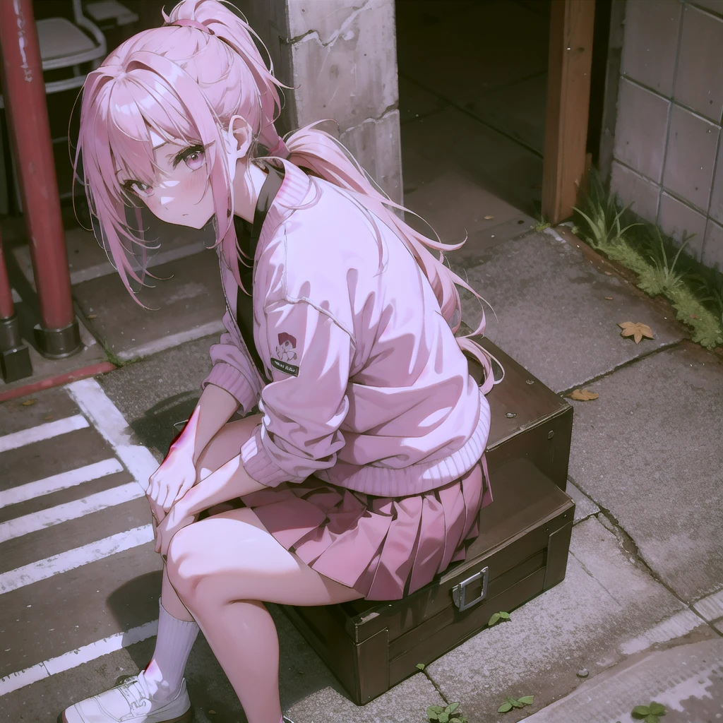 8k,Pink Hair,Pink Eyes,ponytail,skirt,Sitting on the toilet,Very blush,Street background